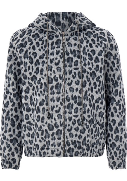 Kapüşonlu Beli Lastikli Oversize Leopar Desenli Kısa Kaban GRİ 3162-L