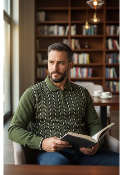 Erkek Çelik Örgü Gömlek Yaka Fermuarlı Polo Yakalı Dikine Zikzak Çizgi Tüylenmez Triko Kışlık Kazak fiyatları