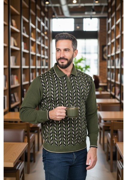 Erkek Çelik Örgü Gömlek Yaka Fermuarlı Polo Yakalı Dikine Zikzak Çizgi Tüylenmez Triko Kışlık Kazak