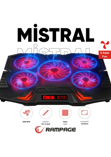 Mistral Kırmızı LED Lşıklı 5 Fanlı Yükseklik Ayarlı LCD Göstergeli Notebook Soğutucu Laptop Soğutucu