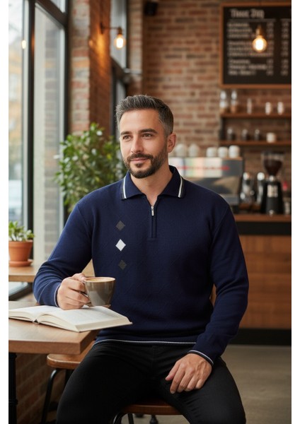 Erkek Çelik Örgü Intarsia Gofra Desen Fermuarlı Polo Yaka Tüylenmez Premium Triko Kışlık Baba Kazak