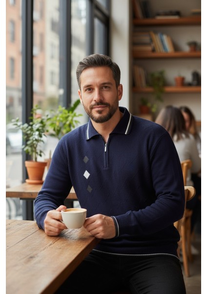 Erkek Çelik Örgü Intarsia Gofra Desen Fermuarlı Polo Yaka Tüylenmez Premium Triko Kışlık Baba Kazak fiyatları