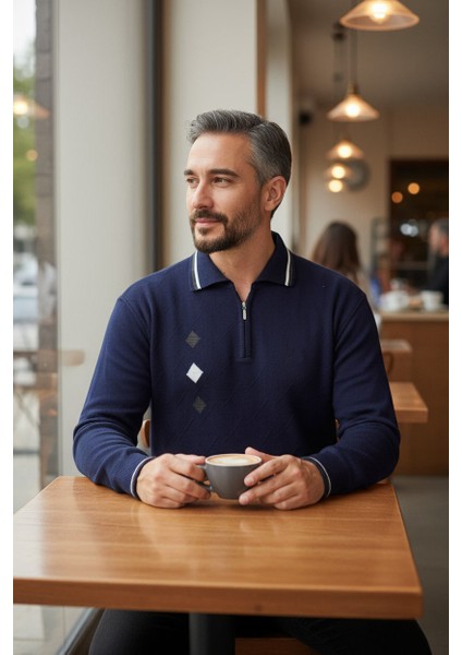 Erkek Çelik Örgü Intarsia Gofra Desen Fermuarlı Polo Yaka Tüylenmez Premium Triko Kışlık Baba Kazak modelleri