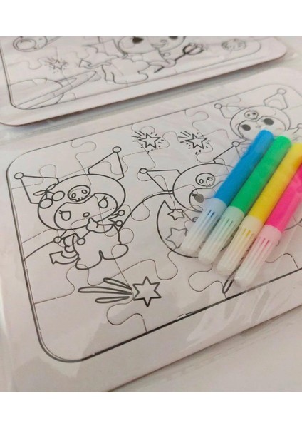 2 Adet Capybara Kuromi Stitch Temalı 20 Parça Boyama Puzzle Seti (2'li) + 4 Adet Keçeli Kalem Hediye