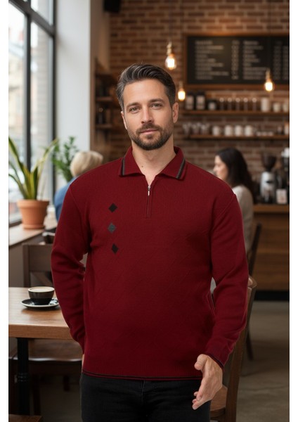 Erkek Çelik Örgü Intarsia Gofra Desen Fermuarlı Polo Yaka Tüylenmez Premium Triko Kışlık Baba Kazak