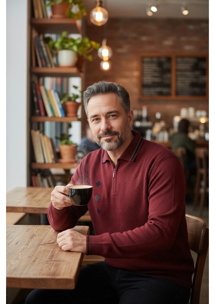 Erkek Çelik Örgü Intarsia Gofra Desen Fermuarlı Polo Yaka Tüylenmez Premium Triko Kışlık Baba Kazak fiyatları