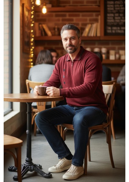 Erkek Çelik Örgü Intarsia Gofra Desen Fermuarlı Polo Yaka Tüylenmez Premium Triko Kışlık Baba Kazak fırsatları