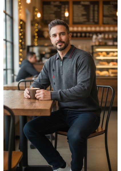 Erkek Çelik Örgü Intarsia Gofra Desen Fermuarlı Polo Yaka Tüylenmez Premium Triko Kışlık Baba Kazak