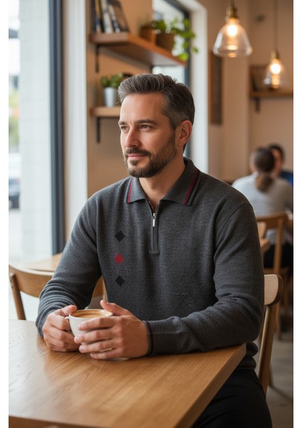 Erkek Çelik Örgü Intarsia Gofra Desen Fermuarlı Polo Yaka Tüylenmez Premium Triko Kışlık Baba Kazak fiyatları