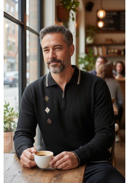 Erkek Çelik Örgü Intarsia Gofra Desen Fermuarlı Polo Yaka Tüylenmez Premium Triko Kışlık Baba Kazak