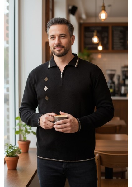 Erkek Çelik Örgü Intarsia Gofra Desen Fermuarlı Polo Yaka Tüylenmez Premium Triko Kışlık Baba Kazak modelleri