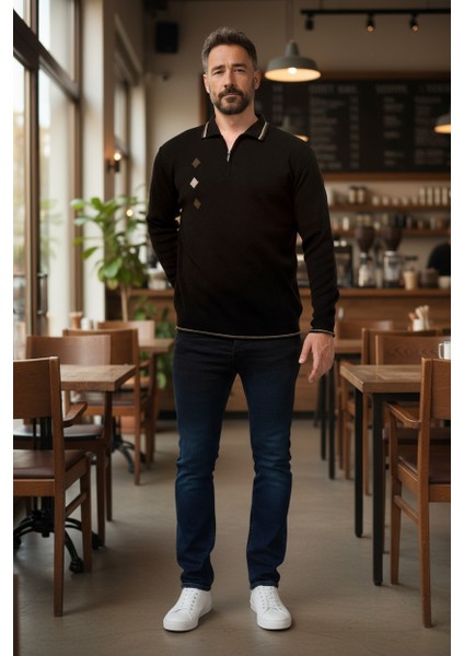 Erkek Çelik Örgü Intarsia Gofra Desen Fermuarlı Polo Yaka Tüylenmez Premium Triko Kışlık Baba Kazak fırsatları