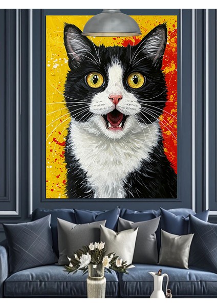 Şaşkın Surat Ifadesi Olan Siyah Beyaz Kedi Dekoratif Kanvas - Mdf Ahşap Tablo fırsatları