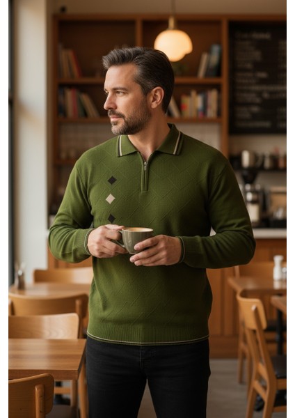 Erkek Çelik Örgü Intarsia Gofra Desen Fermuarlı Polo Yaka Tüylenmez Premium Triko Kışlık Baba Kazak