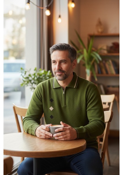 Erkek Çelik Örgü Intarsia Gofra Desen Fermuarlı Polo Yaka Tüylenmez Premium Triko Kışlık Baba Kazak modelleri