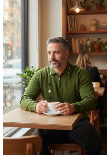 Erkek Çelik Örgü Intarsia Gofra Desen Fermuarlı Polo Yaka Tüylenmez Premium Triko Kışlık Baba Kazak fırsatları