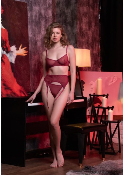 Jartiyerli Vişne Sütyen Takımı