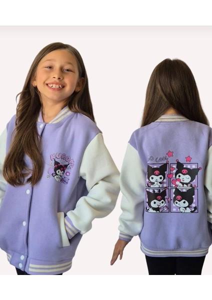 Kuromi Içi Şardonlu Sırt Baskı Detaylı Kolej Ceket Mor Renk Süper Kalite Kumaş Baskı