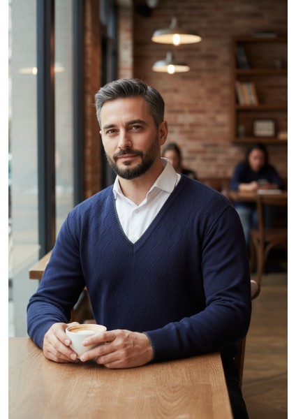 Erkek V Yaka Triko Uzun Kol Standart Fit Tüylenmeyen Triko Kışlık Örgü Kazak