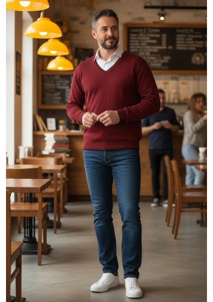 Erkek V Yaka Triko Uzun Kol Standart Fit Tüylenmeyen Triko Kışlık Örgü Kazak