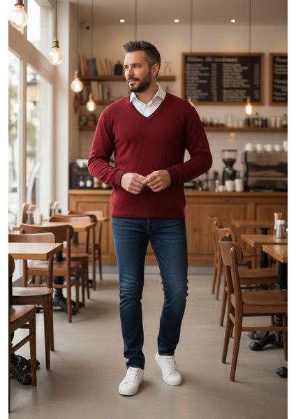 Erkek V Yaka Triko Uzun Kol Standart Fit Tüylenmeyen Triko Kışlık Örgü Kazak fiyatları