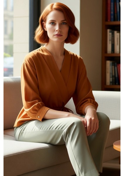 Moda Kruvaze Dokuma Regular Düz Desen Casual Günlük Regular Uzun Kol Bluz