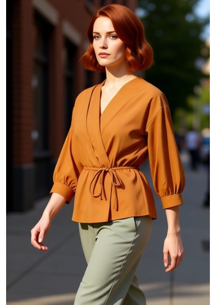 Moda Kruvaze Dokuma Regular Düz Desen Casual Günlük Regular Uzun Kol Bluz fırsatları