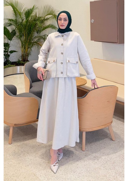 Cep Detaylı Ikili Etek Tesettür Takım Taş