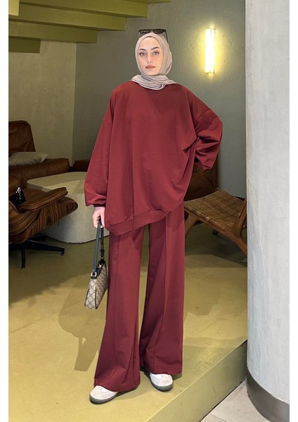 Kapşonlu Pantolonlu Ikili Tesettür Takım Bordo