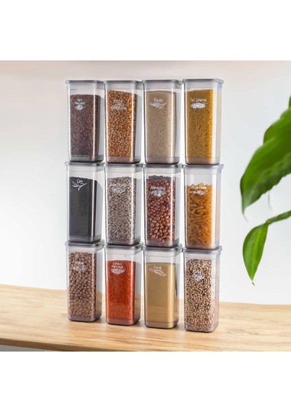 432-GR 12 Li Etiketli Kare Un Erzak Bakliyat Saklama Kabı Takımı 1.90 Lt - Gri