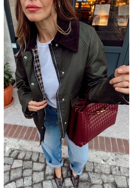 Haki Yeşil Ekose Astarlı Kadife Yakalı Oversize Yağlı Ceket modelleri