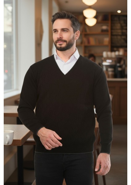 Erkek V Yaka Triko Uzun Kol Standart Fit Tüylenmeyen Triko Kışlık Örgü Kazak