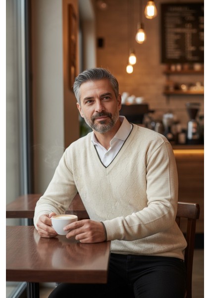 Erkek V Yaka Triko Uzun Kol Standart Fit Tüylenmeyen Triko Kışlık Örgü Kazak