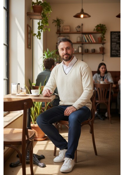 Erkek V Yaka Triko Uzun Kol Standart Fit Tüylenmeyen Triko Kışlık Örgü Kazak fırsatları