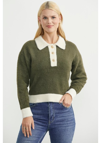 Polo Yaka Renk Geçişli Triko Kazak - Haki