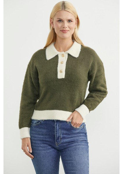 Polo Yaka Renk Geçişli Triko Kazak - Haki fiyatları