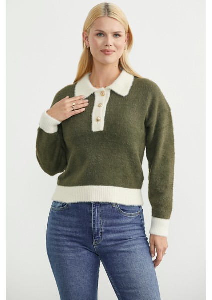 Polo Yaka Renk Geçişli Triko Kazak - Haki modelleri