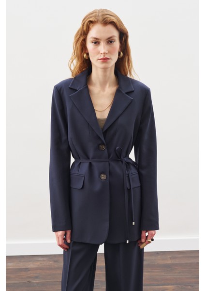 Kuşaklı Tek Düğmeli Blazer Ceket Lacivert