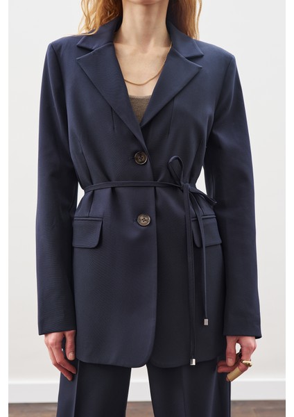 Kuşaklı Tek Düğmeli Blazer Ceket Lacivert modelleri