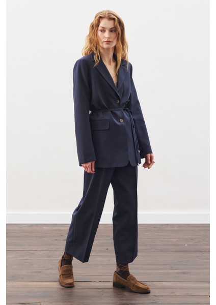 Kuşaklı Tek Düğmeli Blazer Ceket Lacivert indirimleri