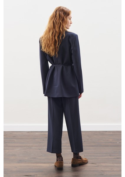 Kuşaklı Tek Düğmeli Blazer Ceket Lacivert