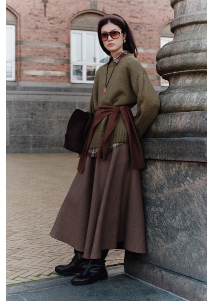 Ekose Desenli Geniş Etek Bordo