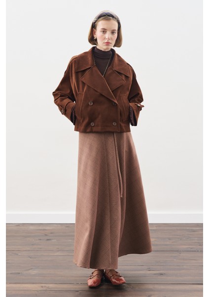 Ekose Desenli Geniş Etek Bordo