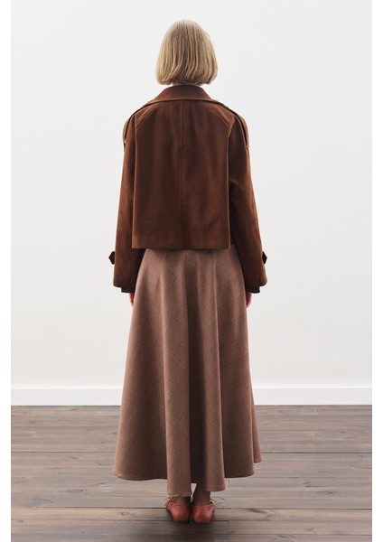 Ekose Desenli Geniş Etek Bordo