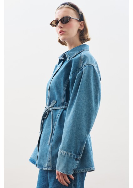 Bağlama Detaylı Denim Gömlek Mavi