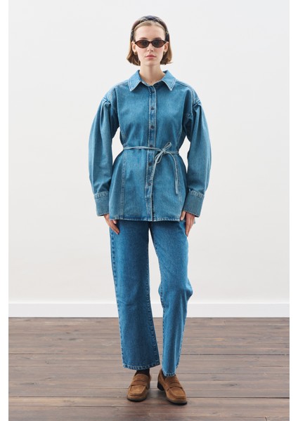 Bağlama Detaylı Denim Gömlek Mavi modelleri