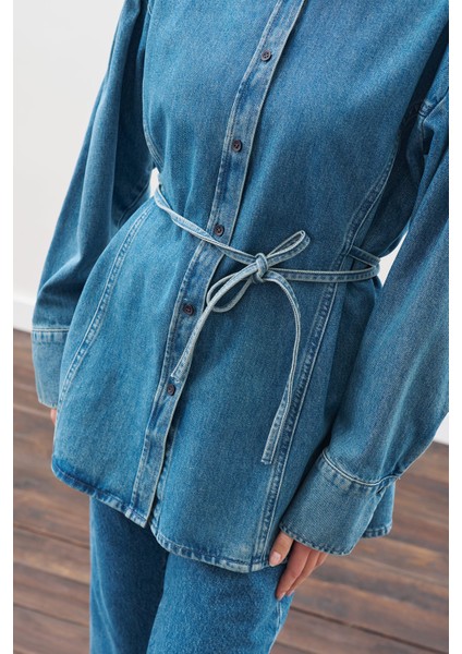 Bağlama Detaylı Denim Gömlek Mavi fırsatları