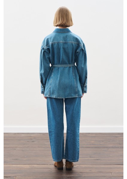 Bağlama Detaylı Denim Gömlek Mavi indirimleri