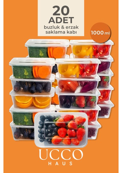 20 Adet 1000 ml Buzdolabı Dondurucu Erzak Mikrodalga Sızdırmaz Saklama Kabı Seti Buzluk Organizer