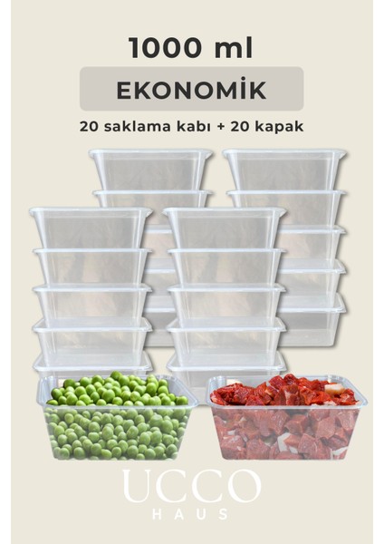 20 Adet 1000 ml Buzdolabı Dondurucu Erzak Mikrodalga Sızdırmaz Saklama Kabı Seti Buzluk Organizer